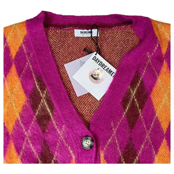 Daydreamer - Fuschia Sunset Argyle Cardigan slouchy cropped NWT - Picture 6 of 9